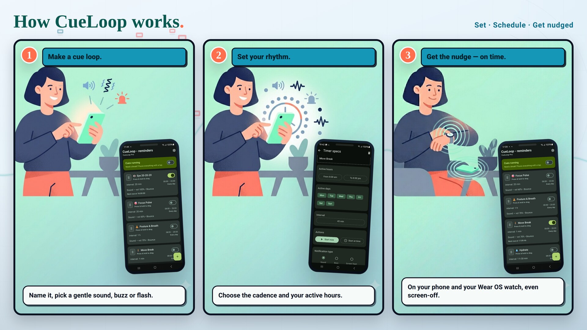 Set, schedule, get nudged — how CueLoop works in three steps