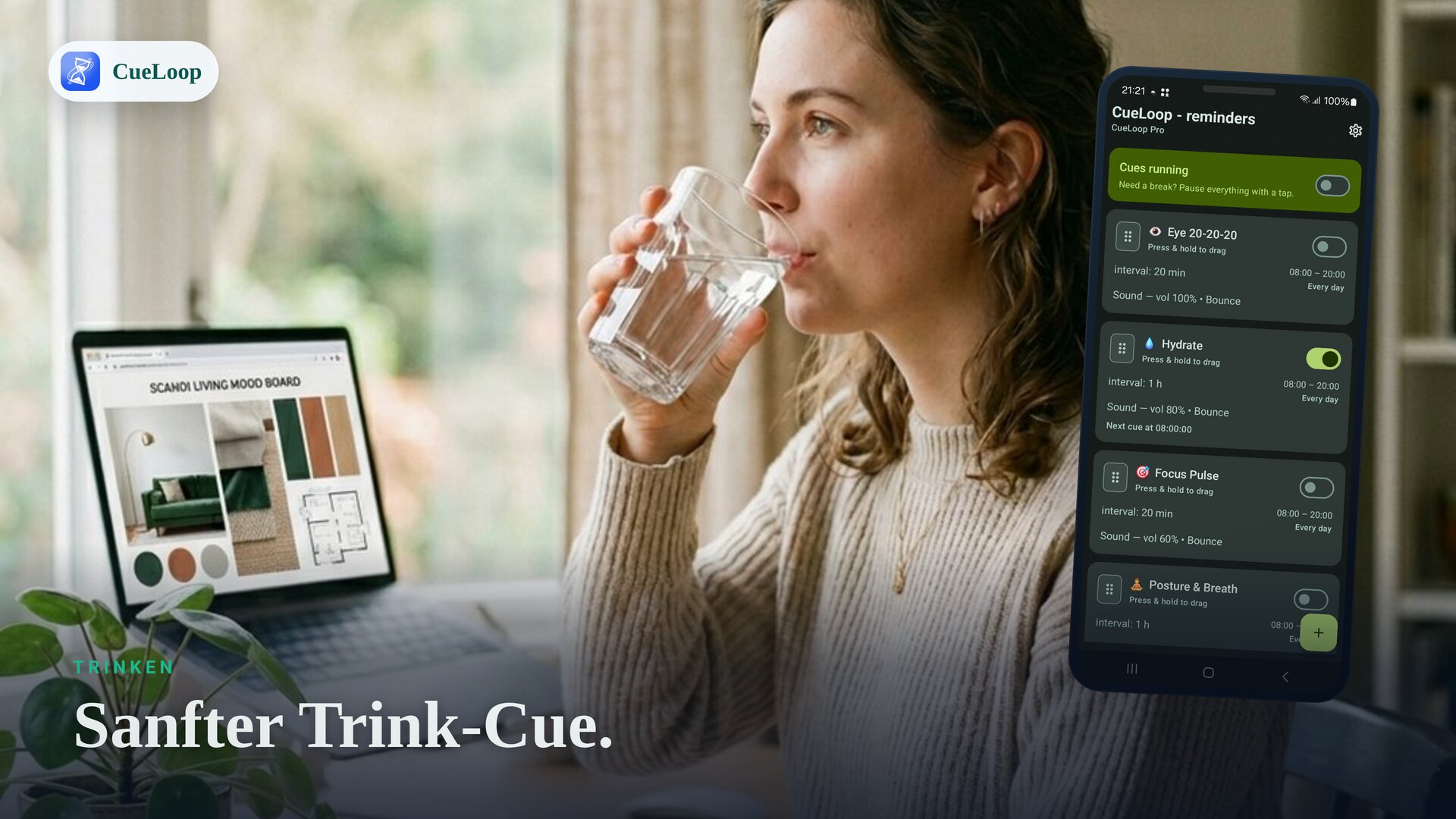 Eine Person am Schreibtisch bekommt einen sanften Trink-Cue vom Smartphone