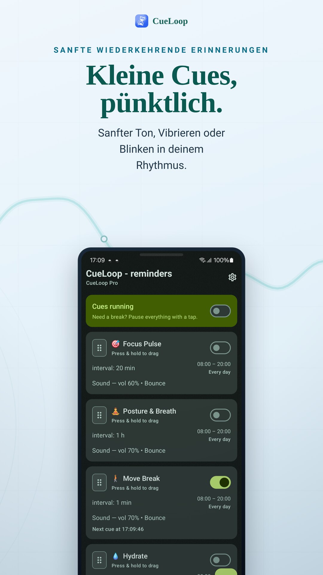 CueLoop Startbildschirm mit laufendem Cue-Loop