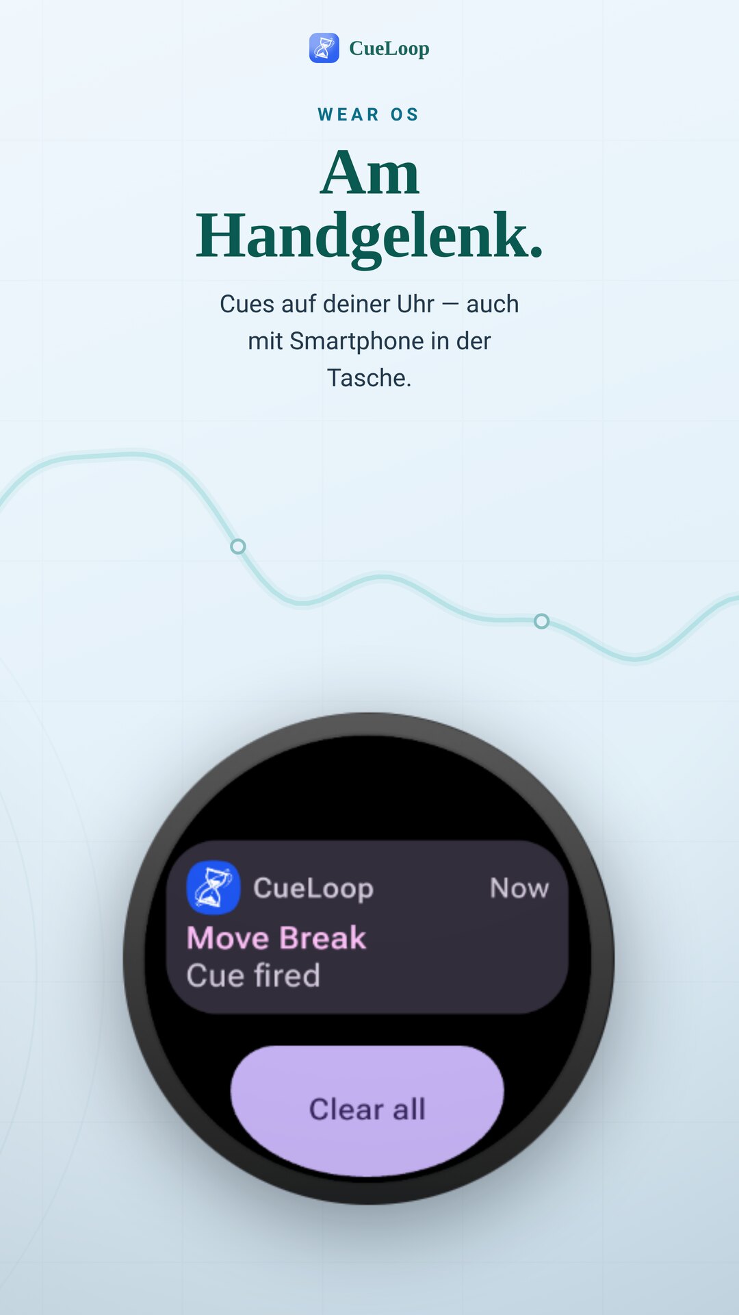 Ein auf eine Wear OS Uhr gespiegelter Cue