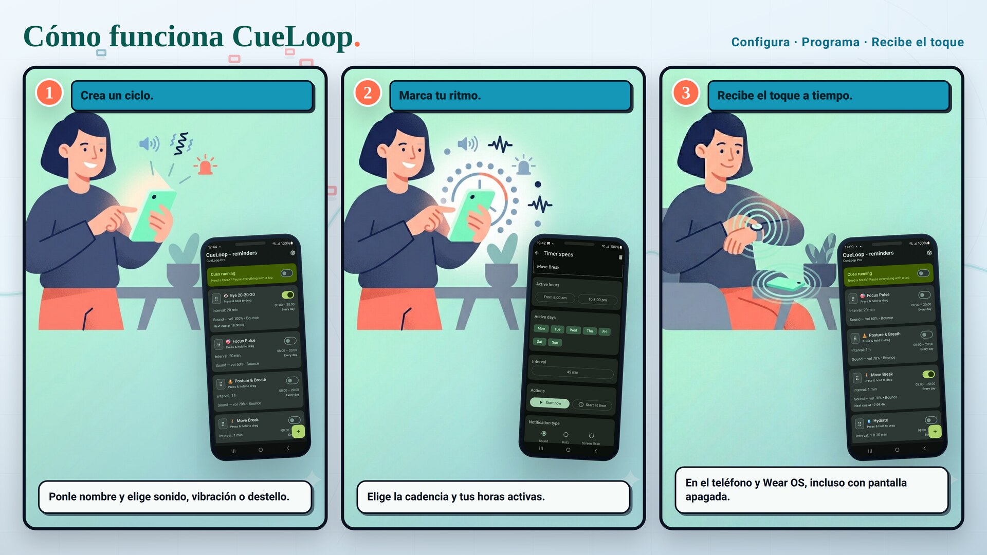 Configura, programa y recibe el toque: cómo funciona CueLoop en tres pasos