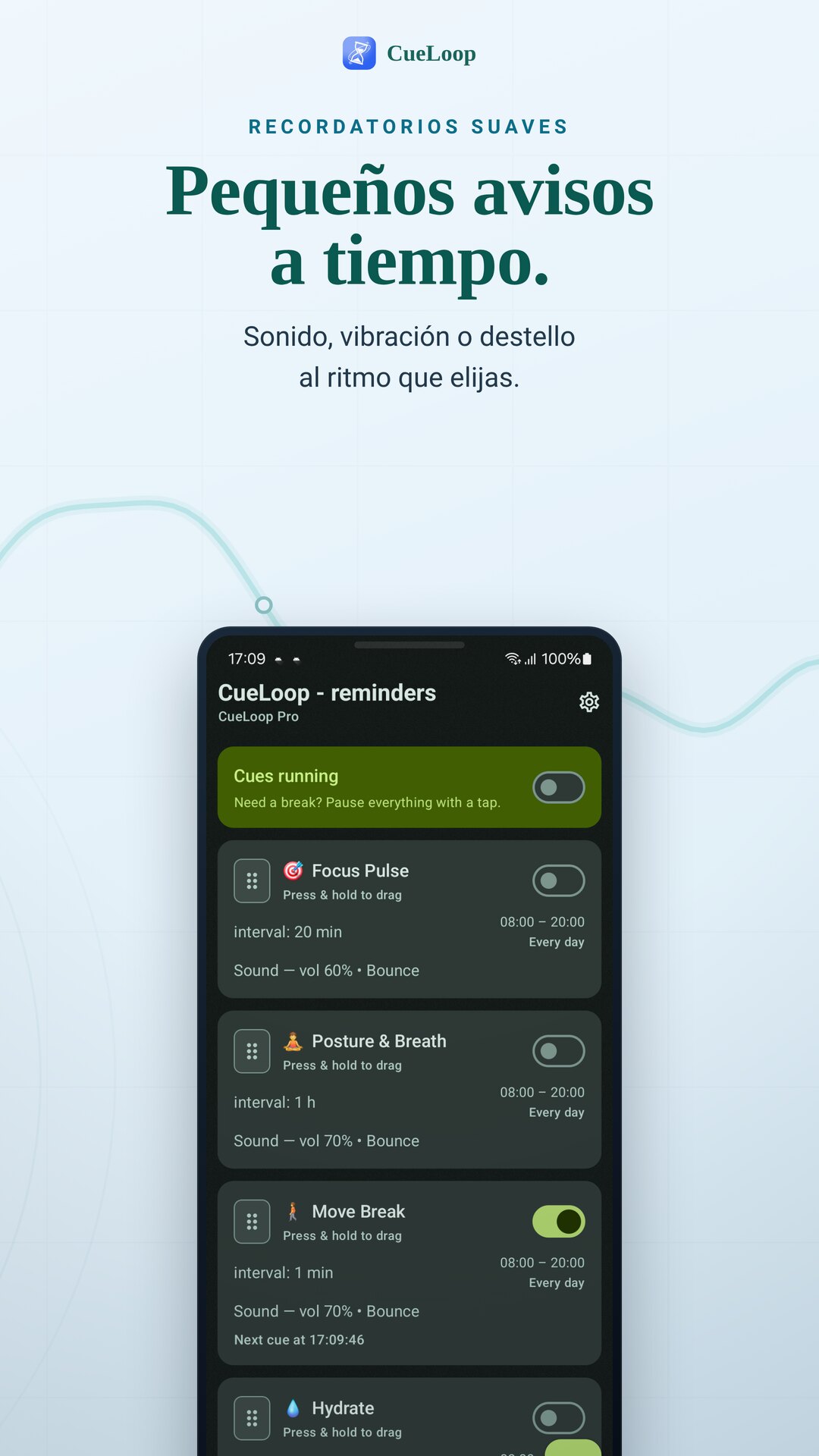 Pantalla principal de CueLoop con un ciclo de aviso activo
