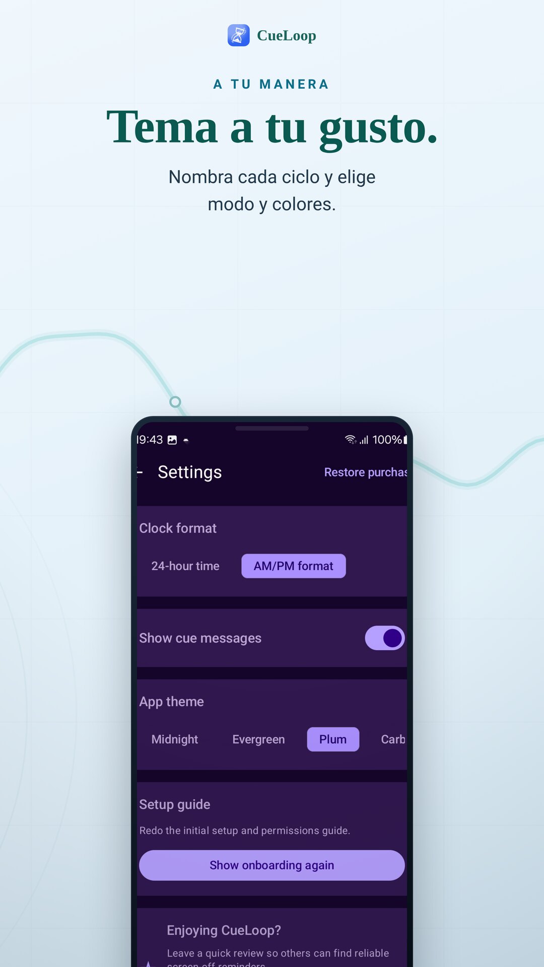 Opciones de tema y personalización de la app