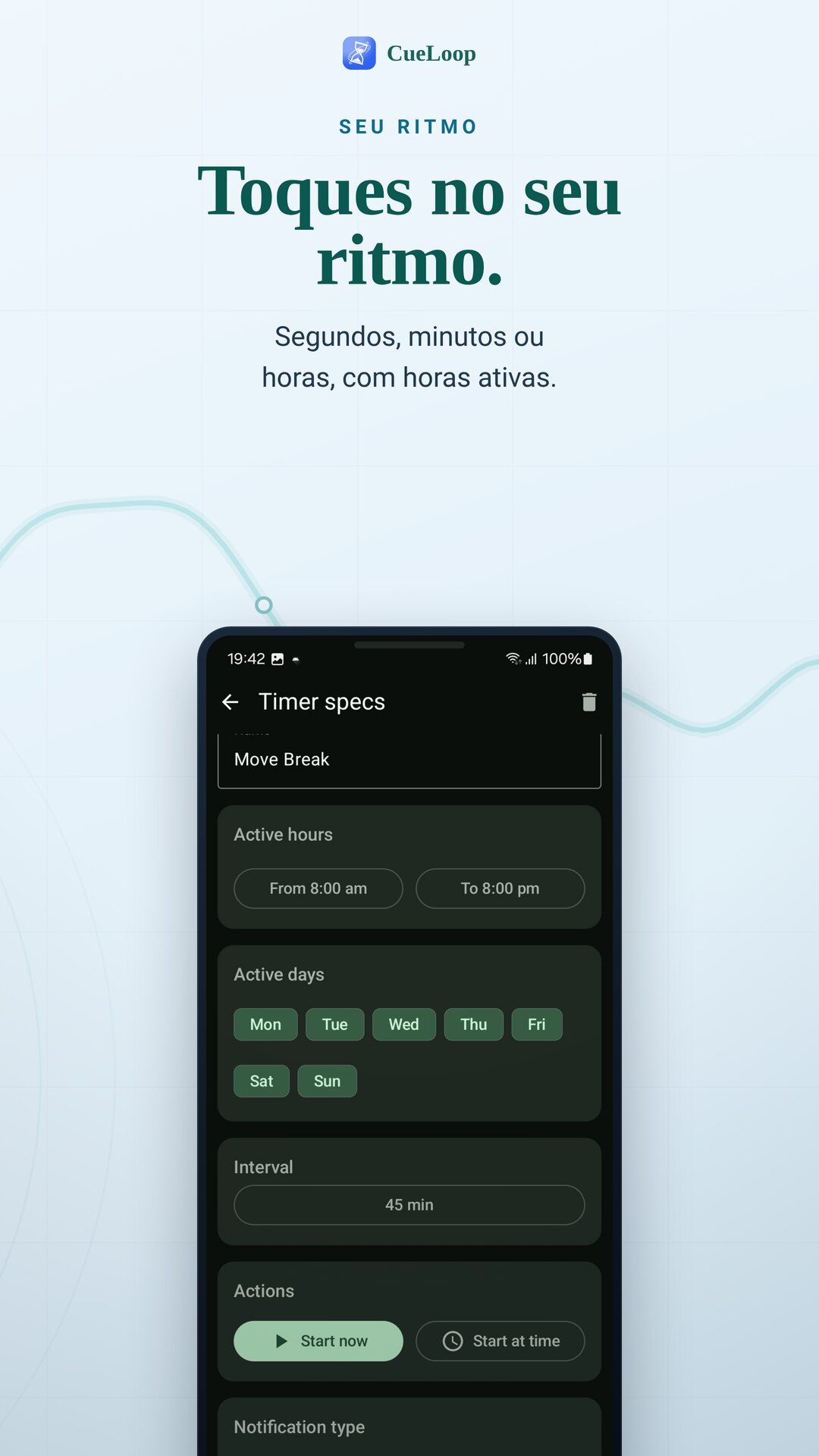 Escolher a cadência e as horas ativas de um lembrete