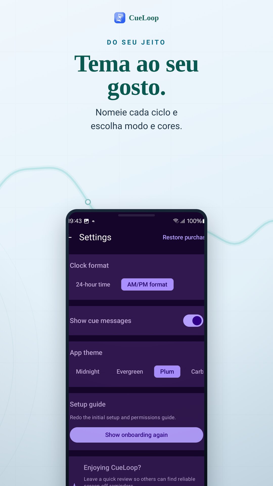 Opções de tema e personalização do app