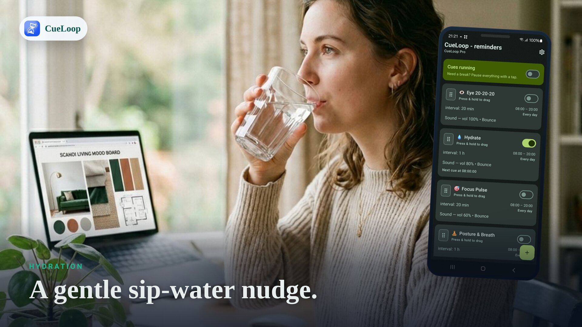 A desk worker getting a gentle hydration cue from their phone