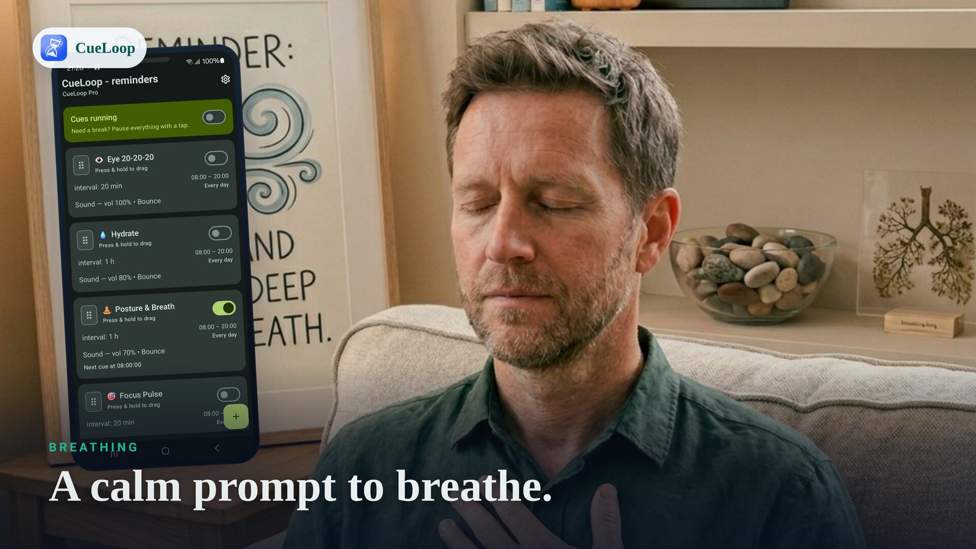 A calm breathing prompt during a busy day