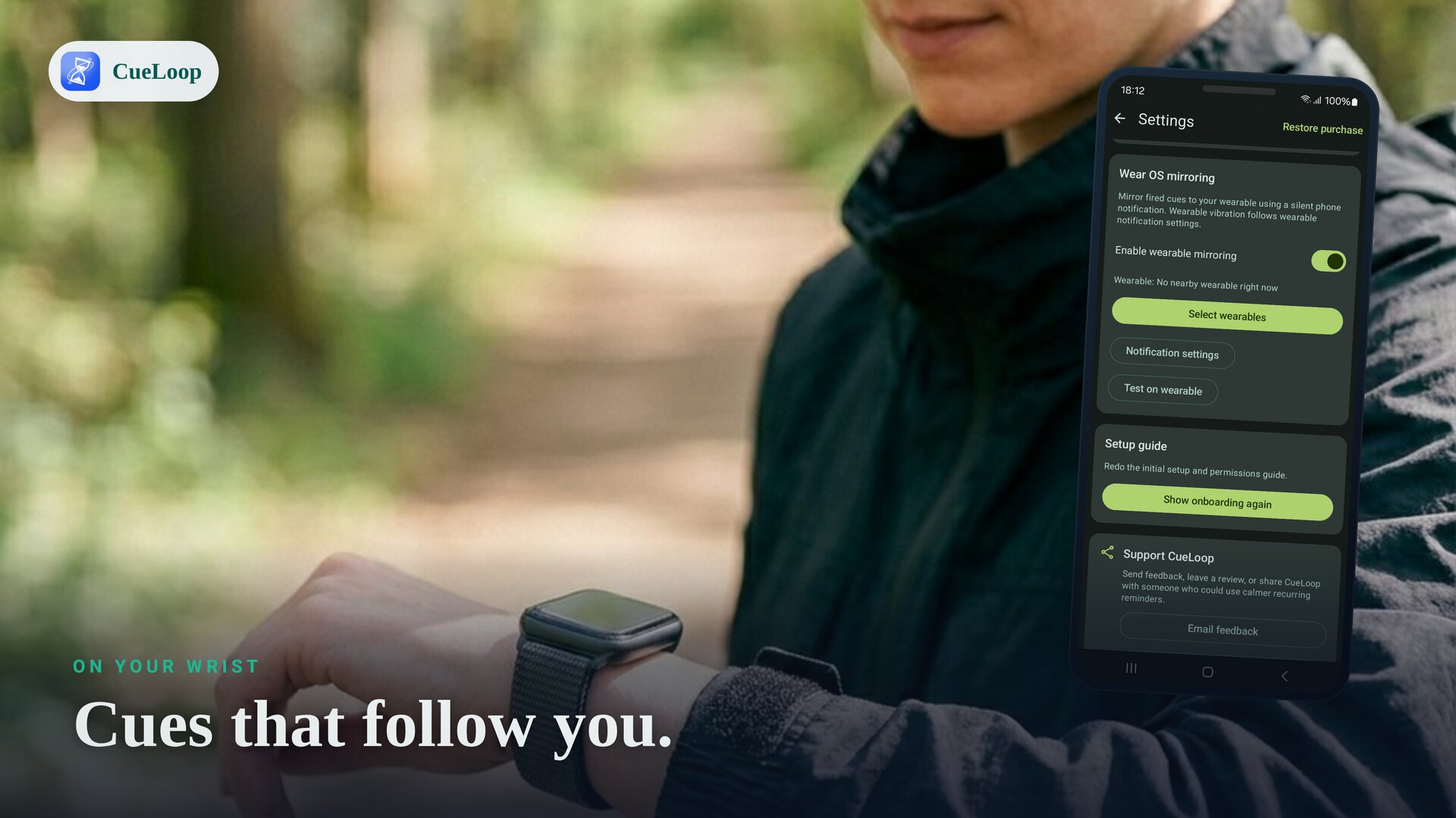 A Wear OS watch buzzing a cue on a walk