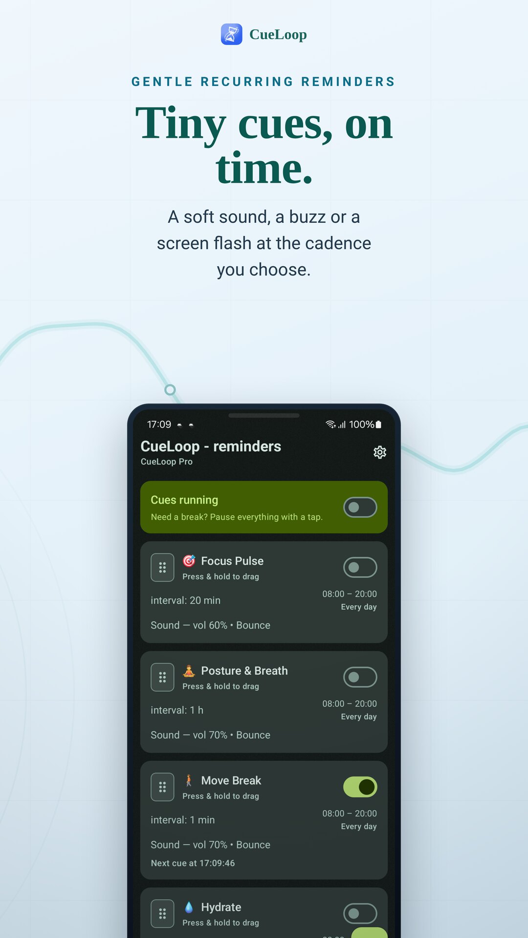 CueLoop home screen with a cue loop running