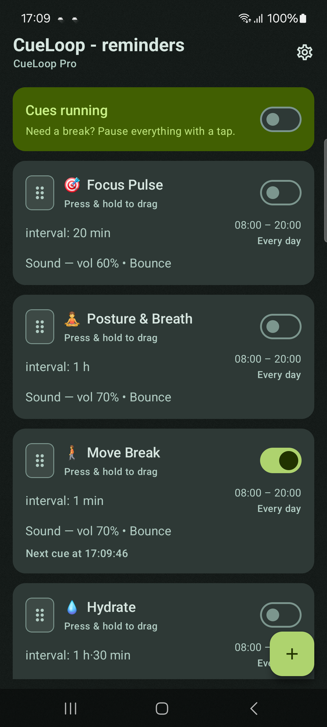 CueLoop home screen showing a running cue loop on an Android phone