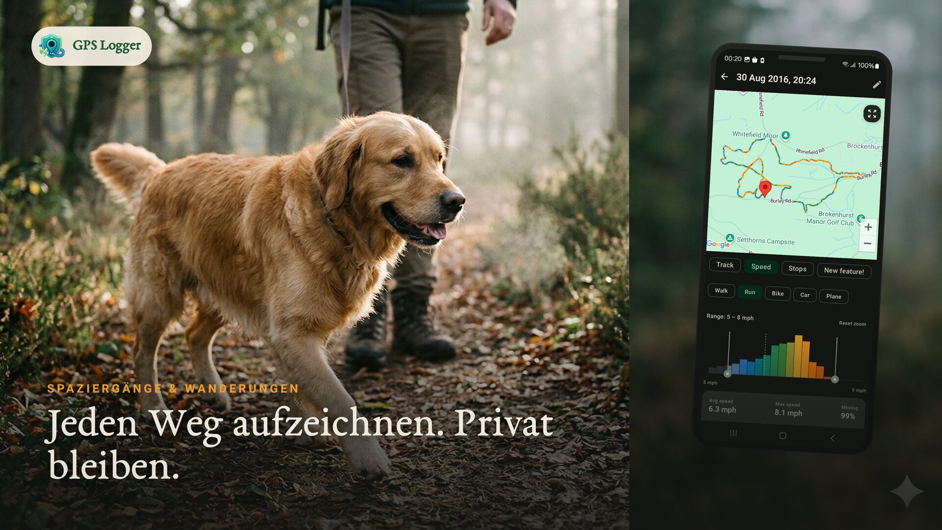 Aufzeichnung eines nebligen Waldspaziergangs mit dem Hund — zeichne jeden Pfad privat auf