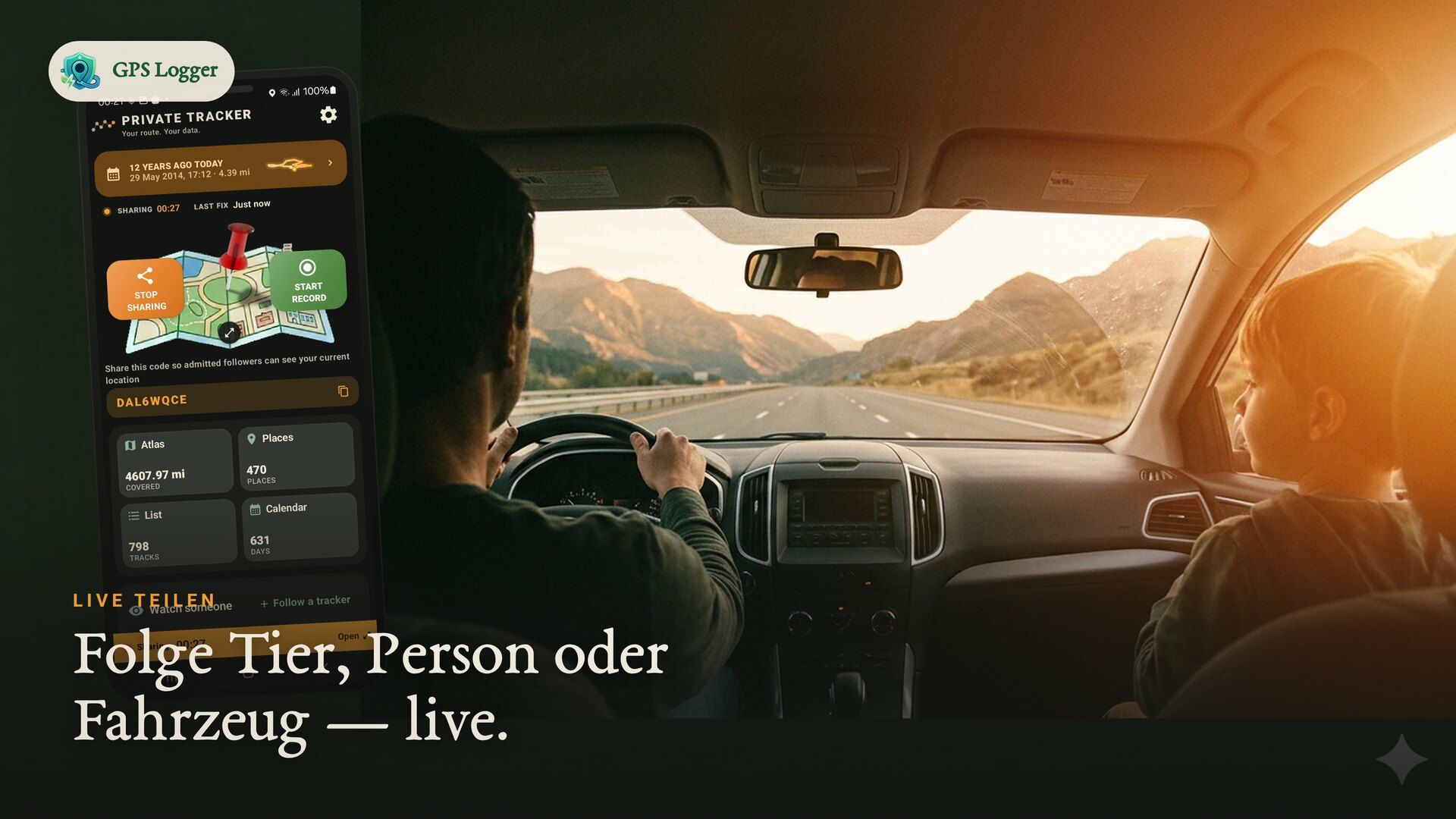 Ein Familien-Roadtrip mit Live-Standortfreigabe — folge einem Haustier, einer Person oder einem Fahrzeug