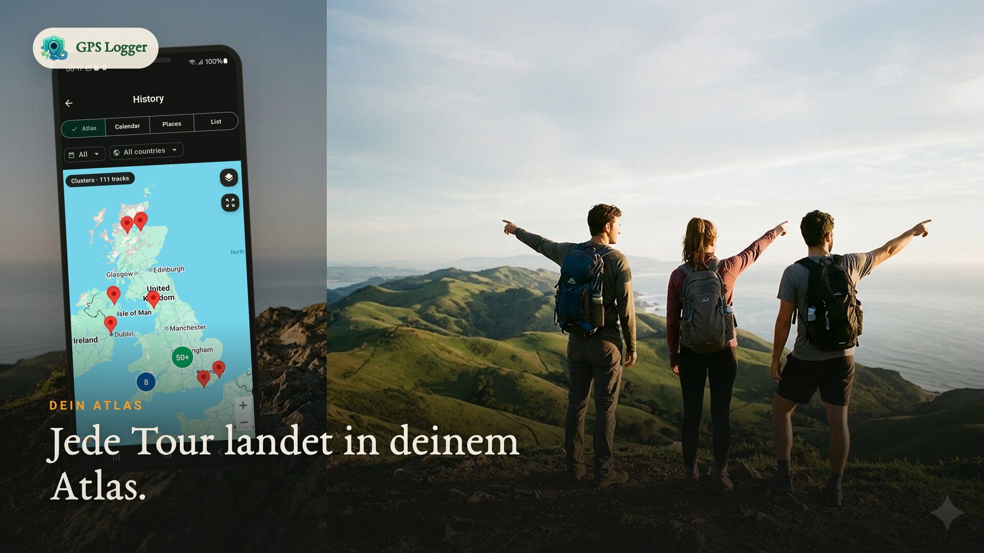 Freunde an einem Aussichtspunkt — jede Reise wird Teil deines Atlas