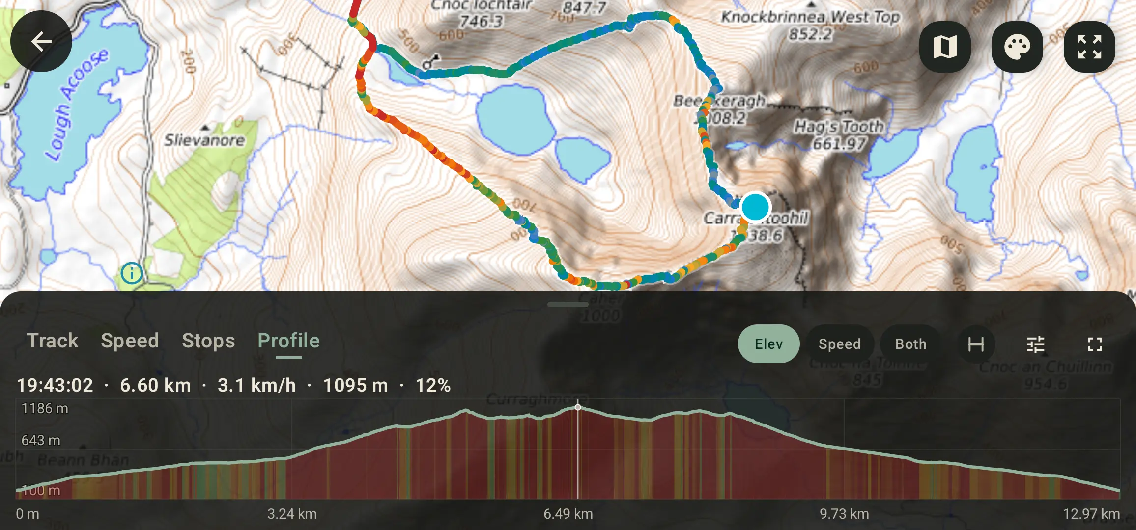 GPS Logger track detail showing a hike with its recorded altitude profile, reading 1095 m at the summit