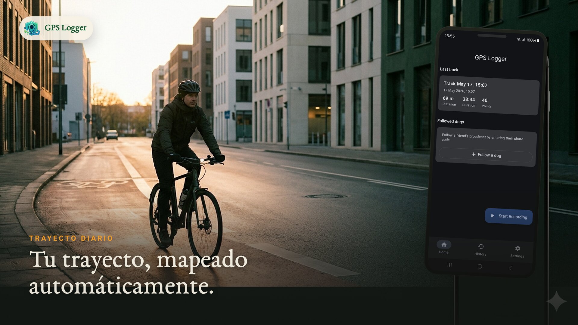 Un trayecto diario en bicicleta por la ciudad al amanecer — tu trayecto, mapeado automáticamente