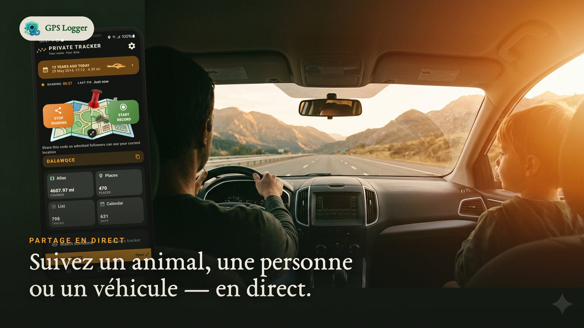 Un road trip en famille avec partage de position en direct — suivez un animal, une personne ou un véhicule