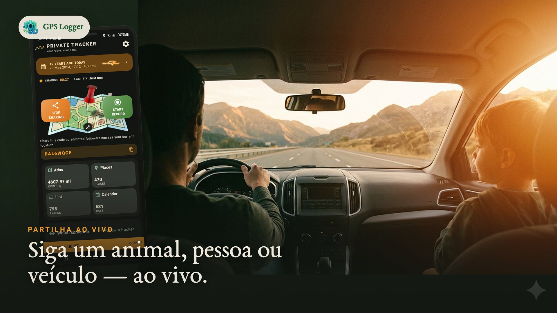 Uma viagem de carro em família com compartilhamento de localização em tempo real — siga um animal, pessoa ou veículo