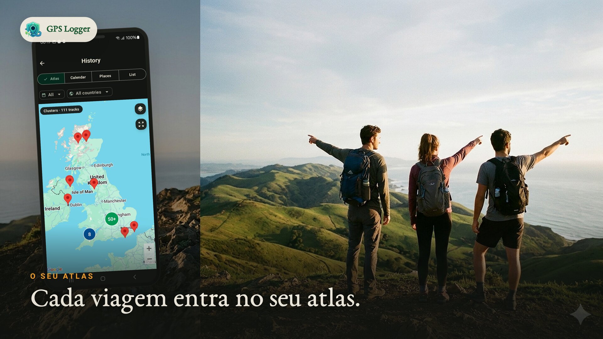 Amigos num miradouro de montanha — cada viagem junta-se ao seu atlas