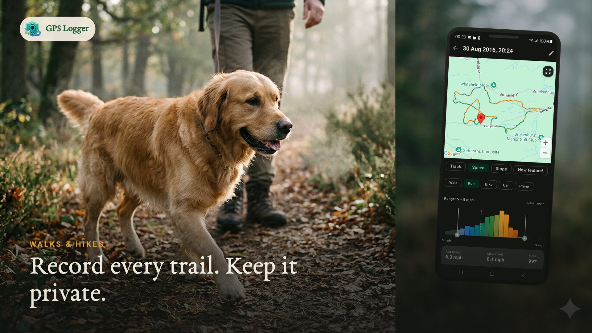 Recording a misty woodland dog walk — record every trail, keep it private