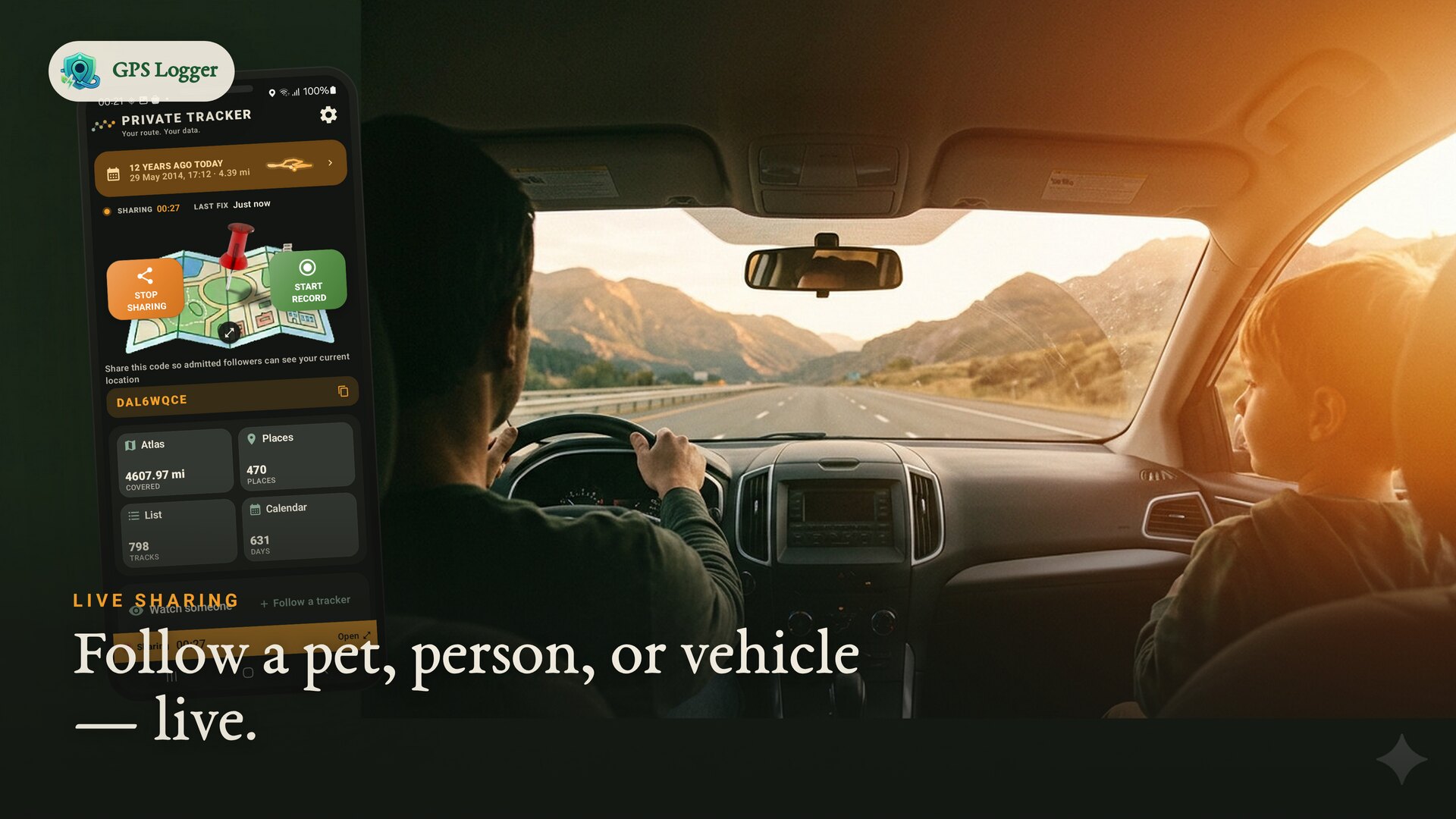 A family road trip with live location sharing — follow a pet, person or vehicle