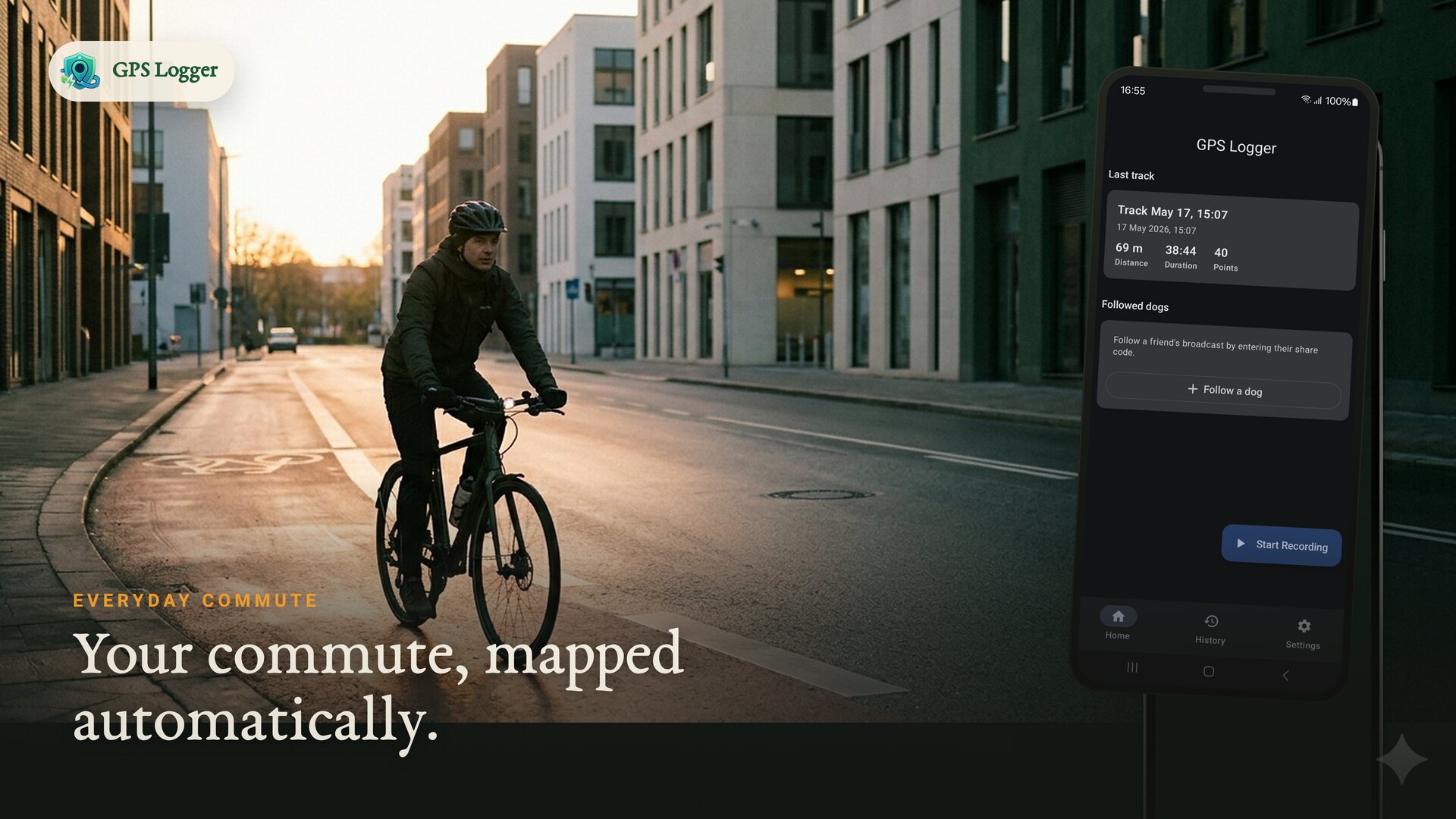 A city bike commute at dawn — your commute, mapped automatically