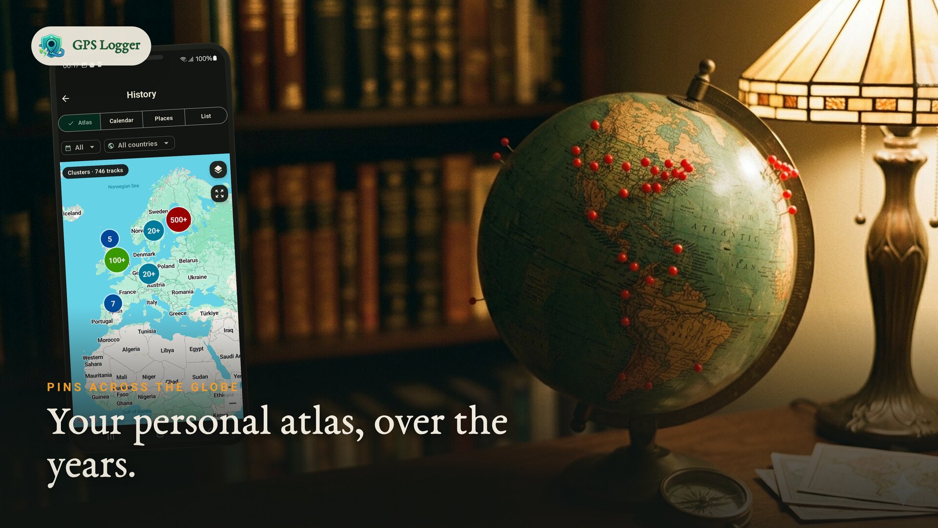 A globe dotted with the pins of a lifetime of journeys