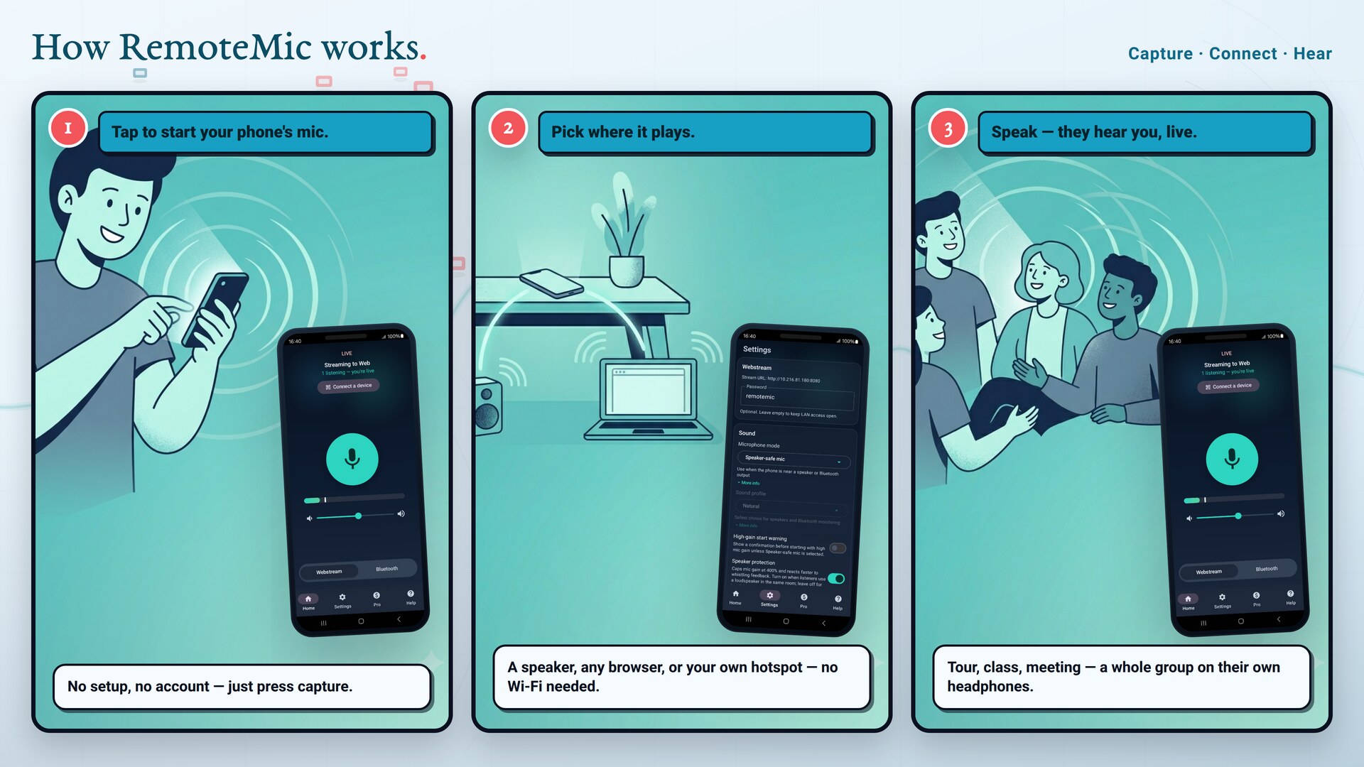 Capture, connect, hear — how RemoteMic works in three steps