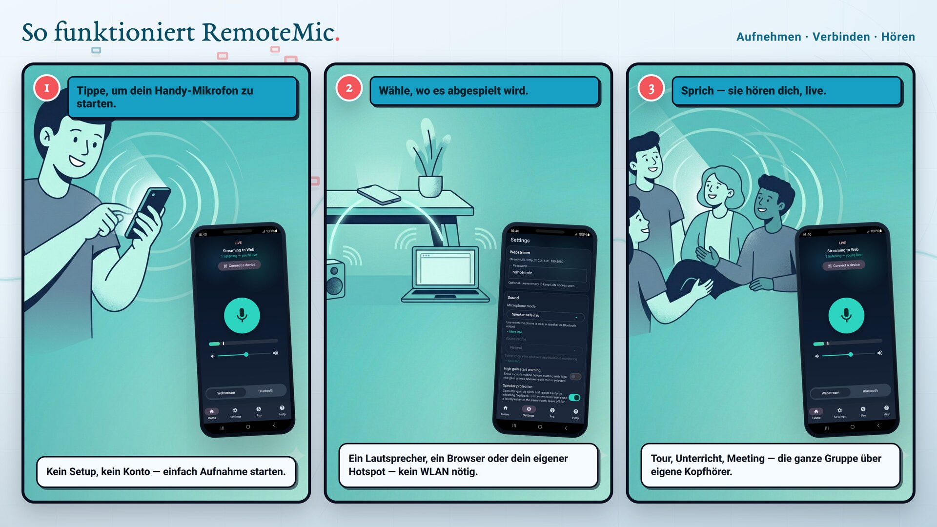 Aufnehmen, verbinden, hören — so funktioniert RemoteMic in drei Schritten