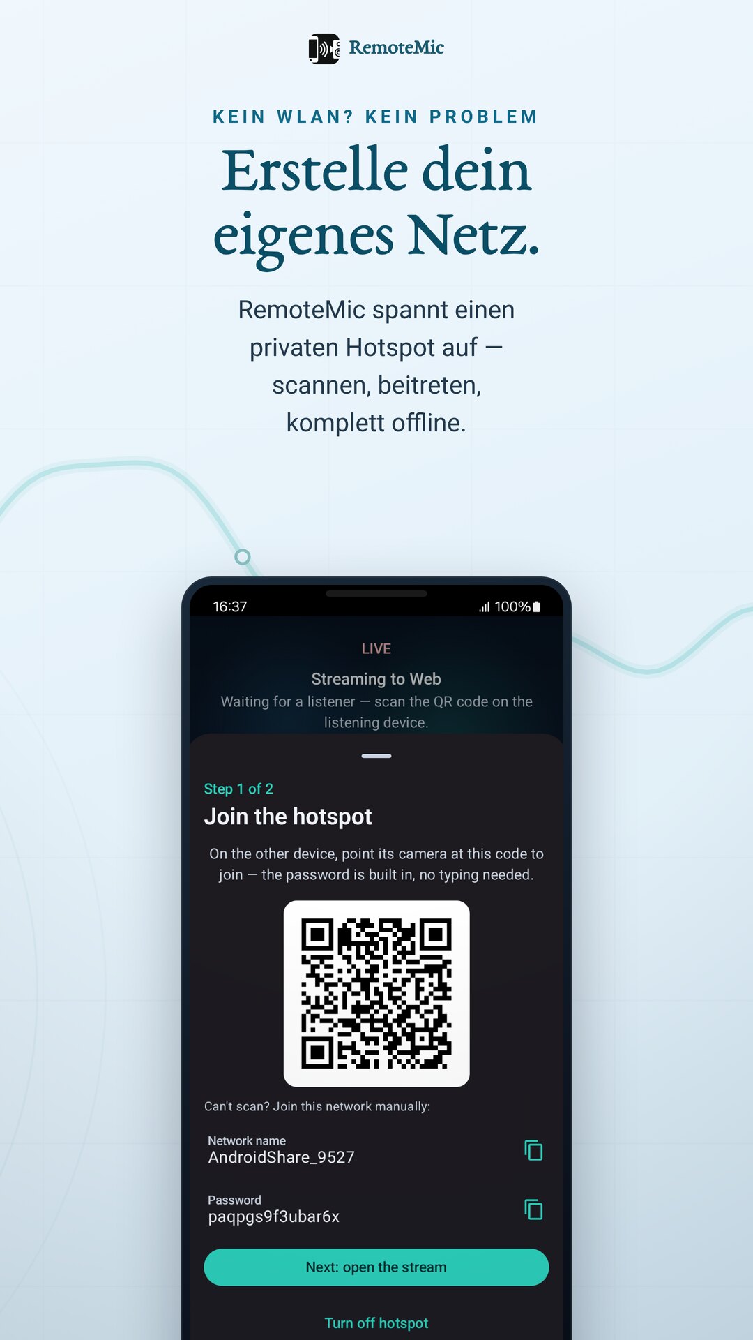 Privaten Hotspot erstellen — QR-Code scannen zum Beitreten, kein WLAN nötig