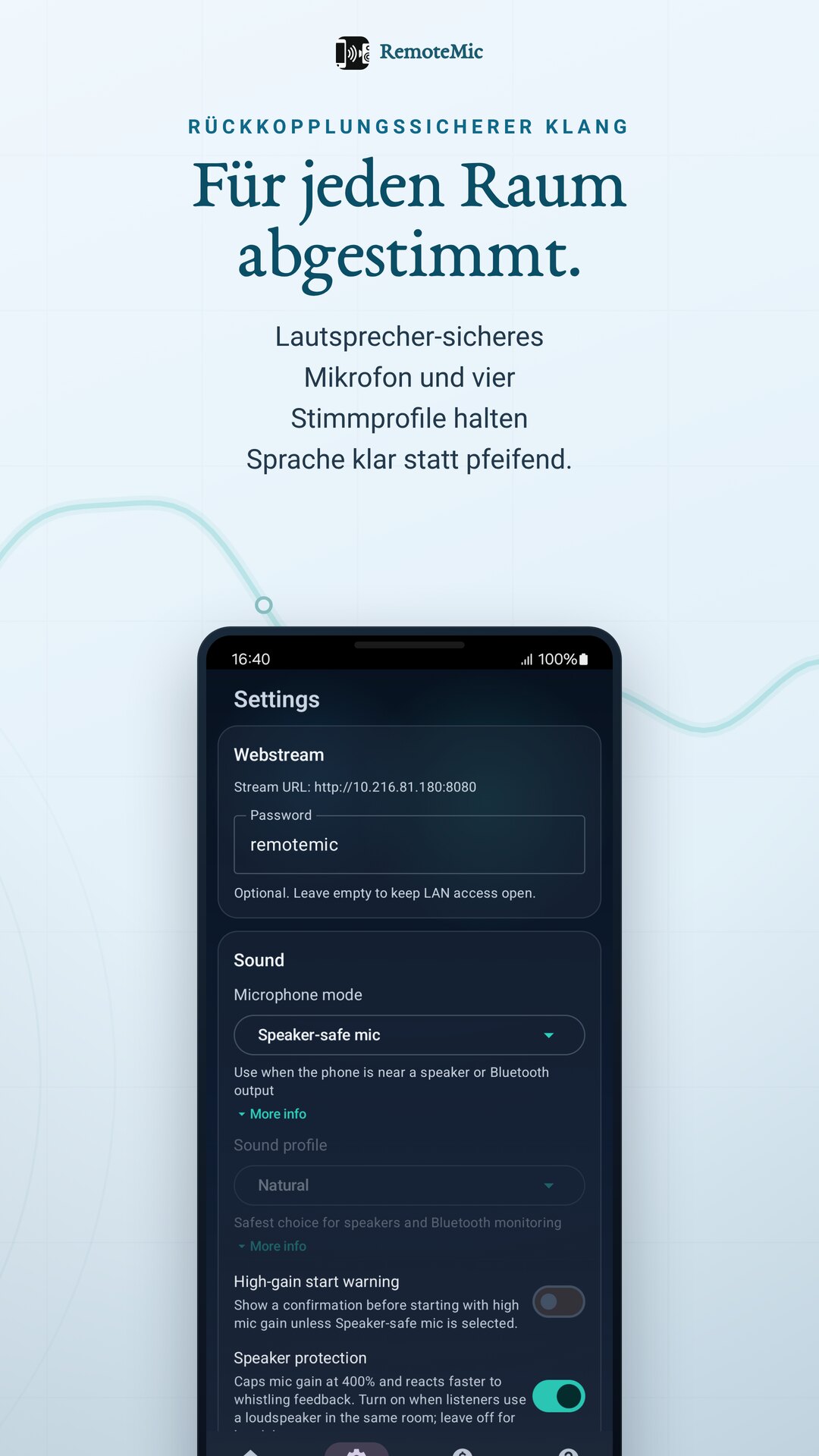 Lautsprecher-sicheres Mikrofon und Stimmprofile stimmen den Klang ab