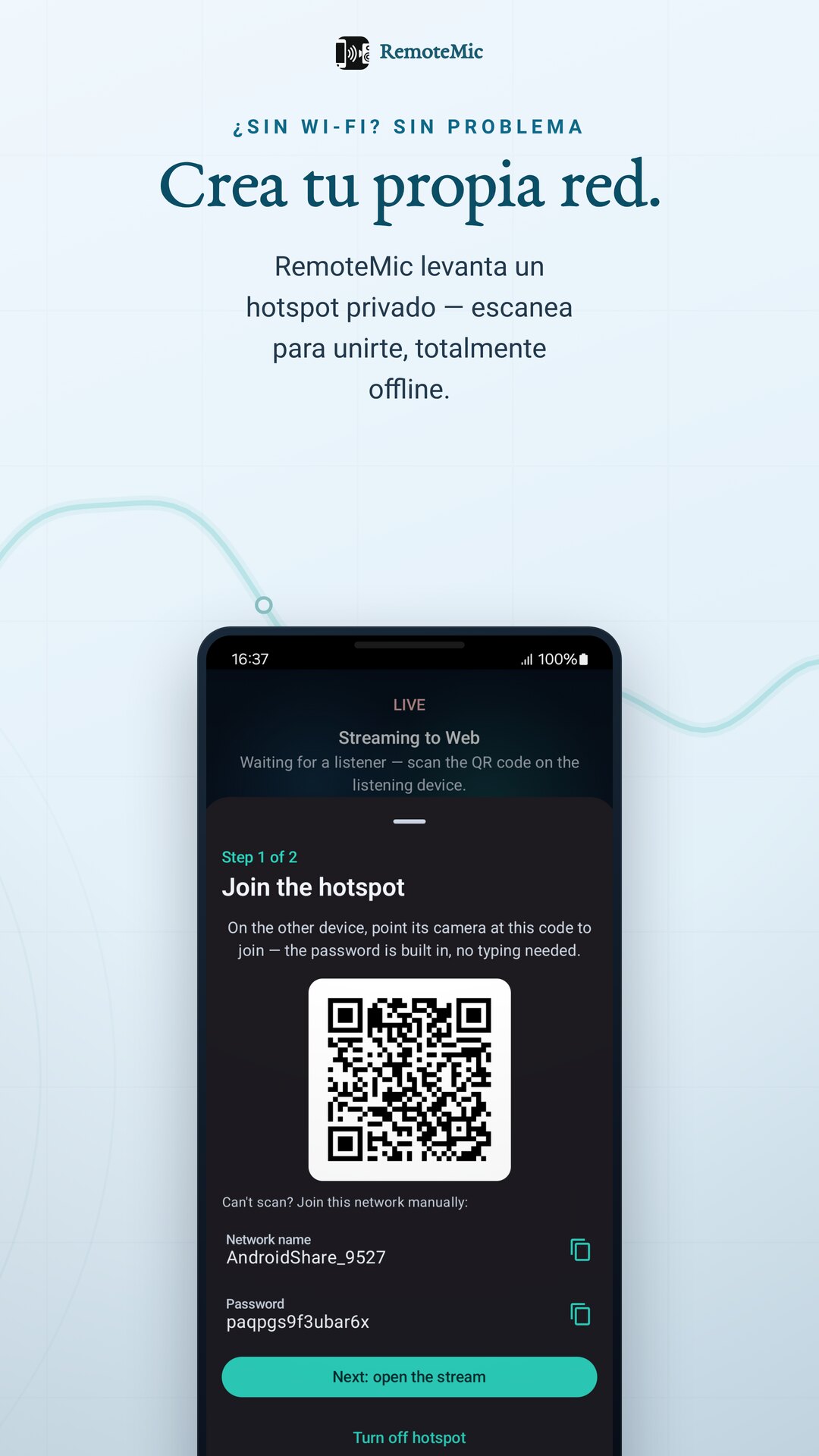 Crea un hotspot privado — escanea el QR para unirte, sin Wi‑Fi