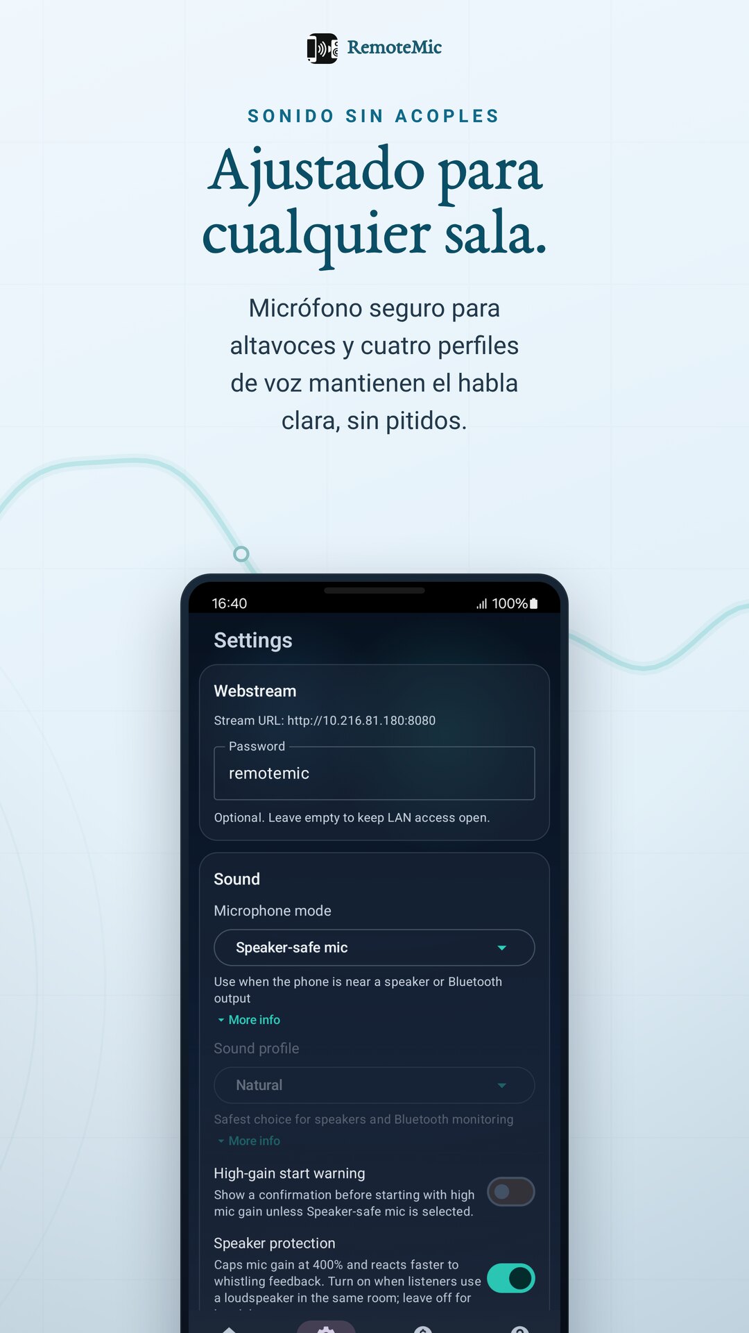 Micrófono seguro para altavoces y perfiles de voz para ajustar el audio