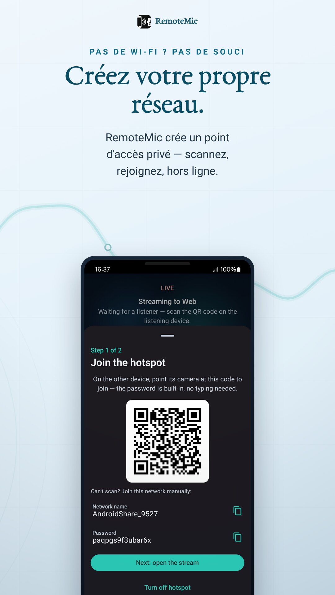 Créer un point d'accès privé — scanner le QR code pour rejoindre, sans Wi-Fi
