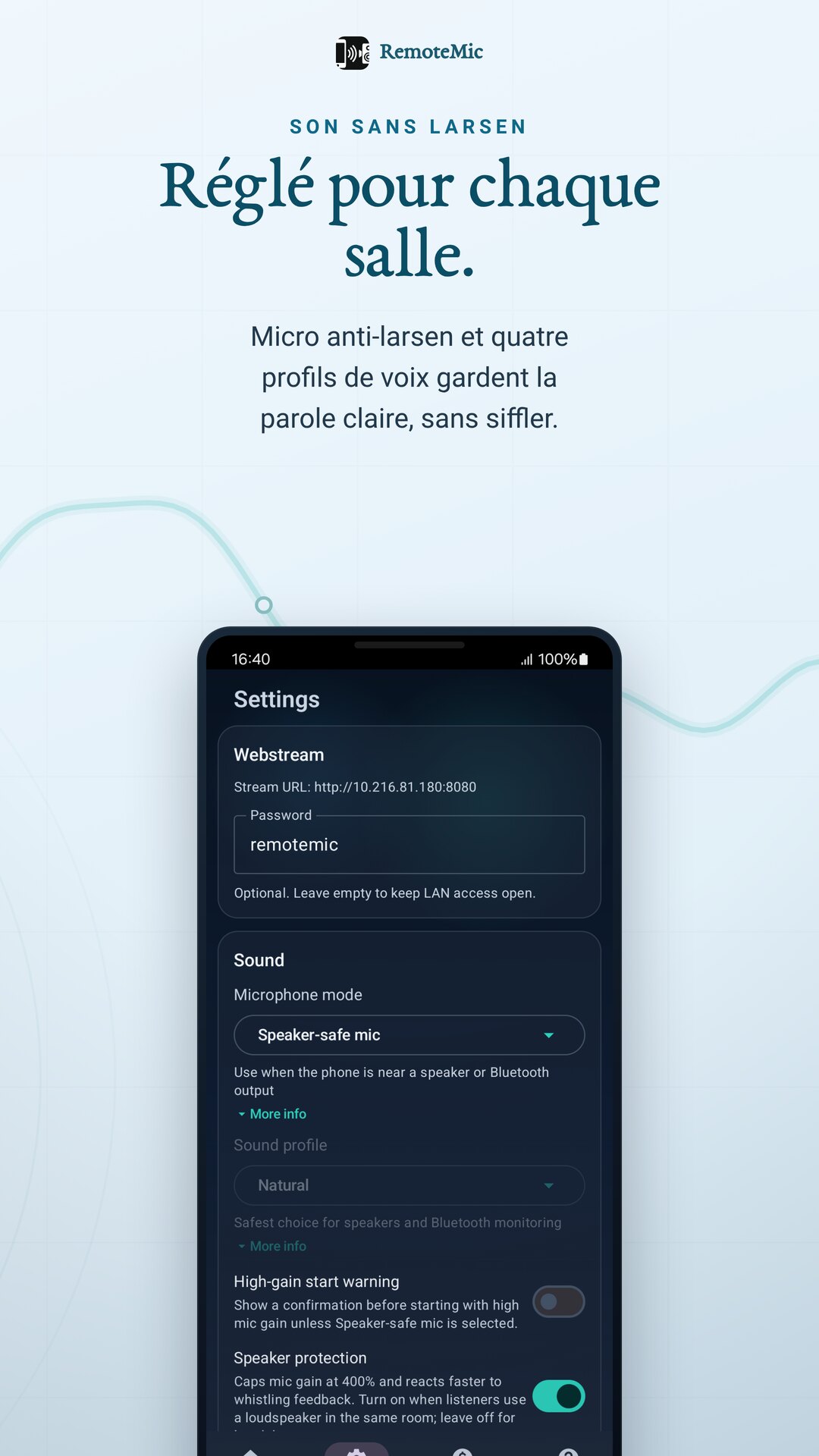 Micro anti-larsen et profils de voix règlent l'audio