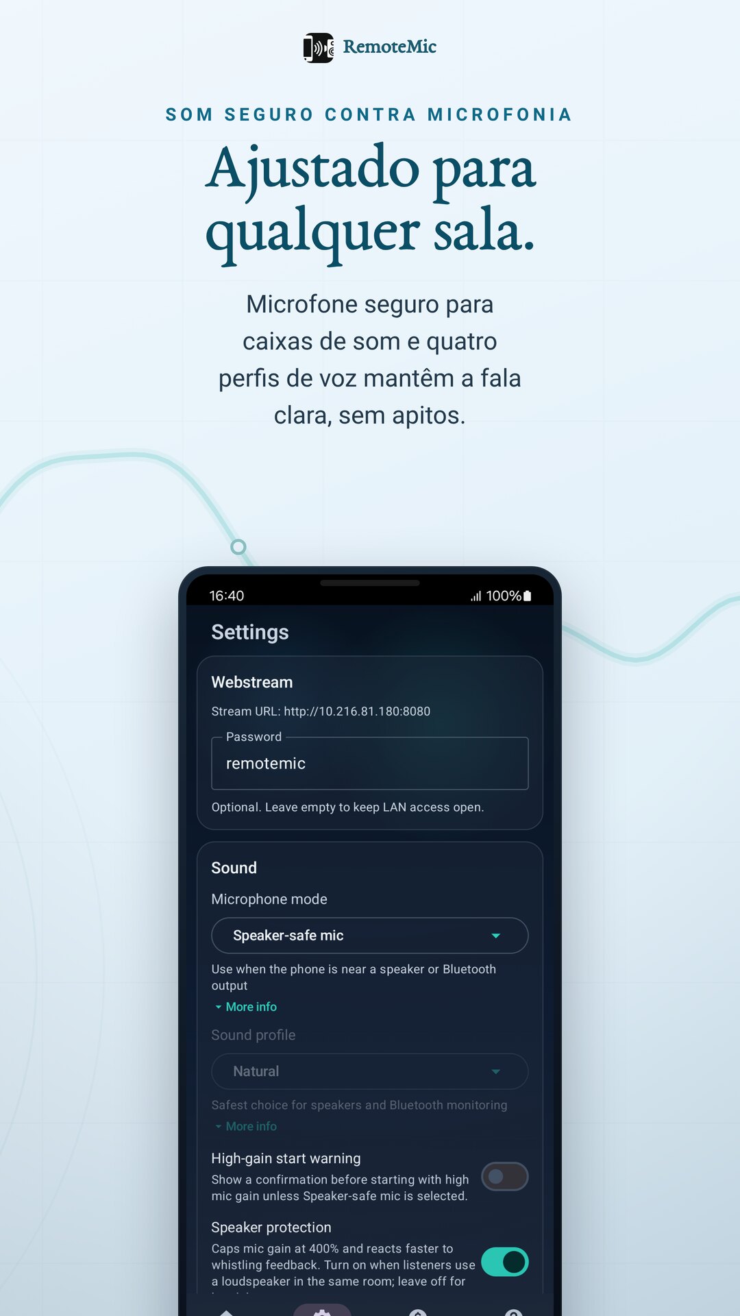 Microfone seguro para caixas de som e perfis de voz ajustam o áudio