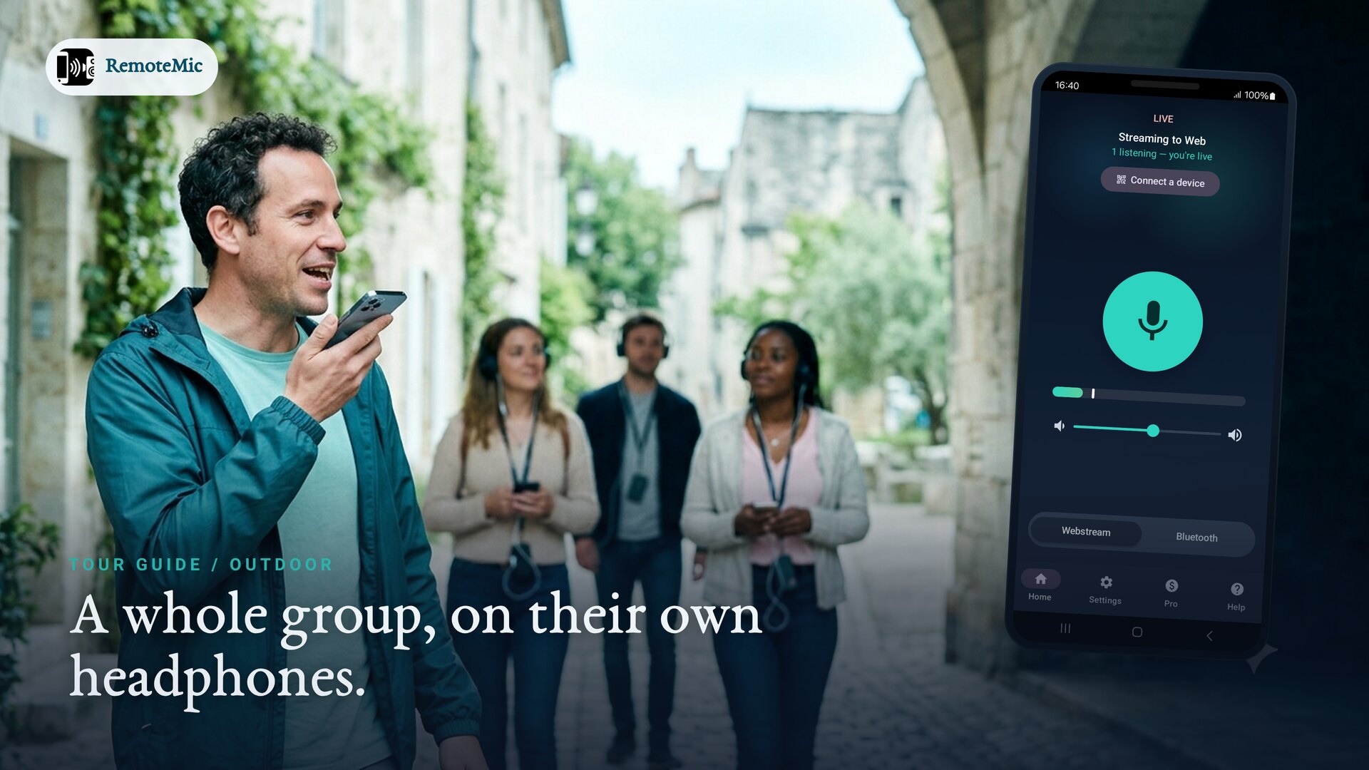 Tour guide leading a group listening on their own headphones, no Wi-Fi
