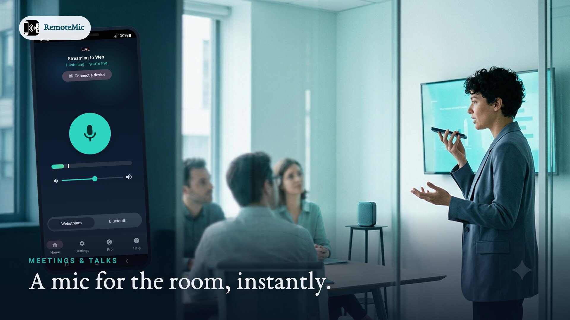 Presenter using a phone as a mic for the meeting room