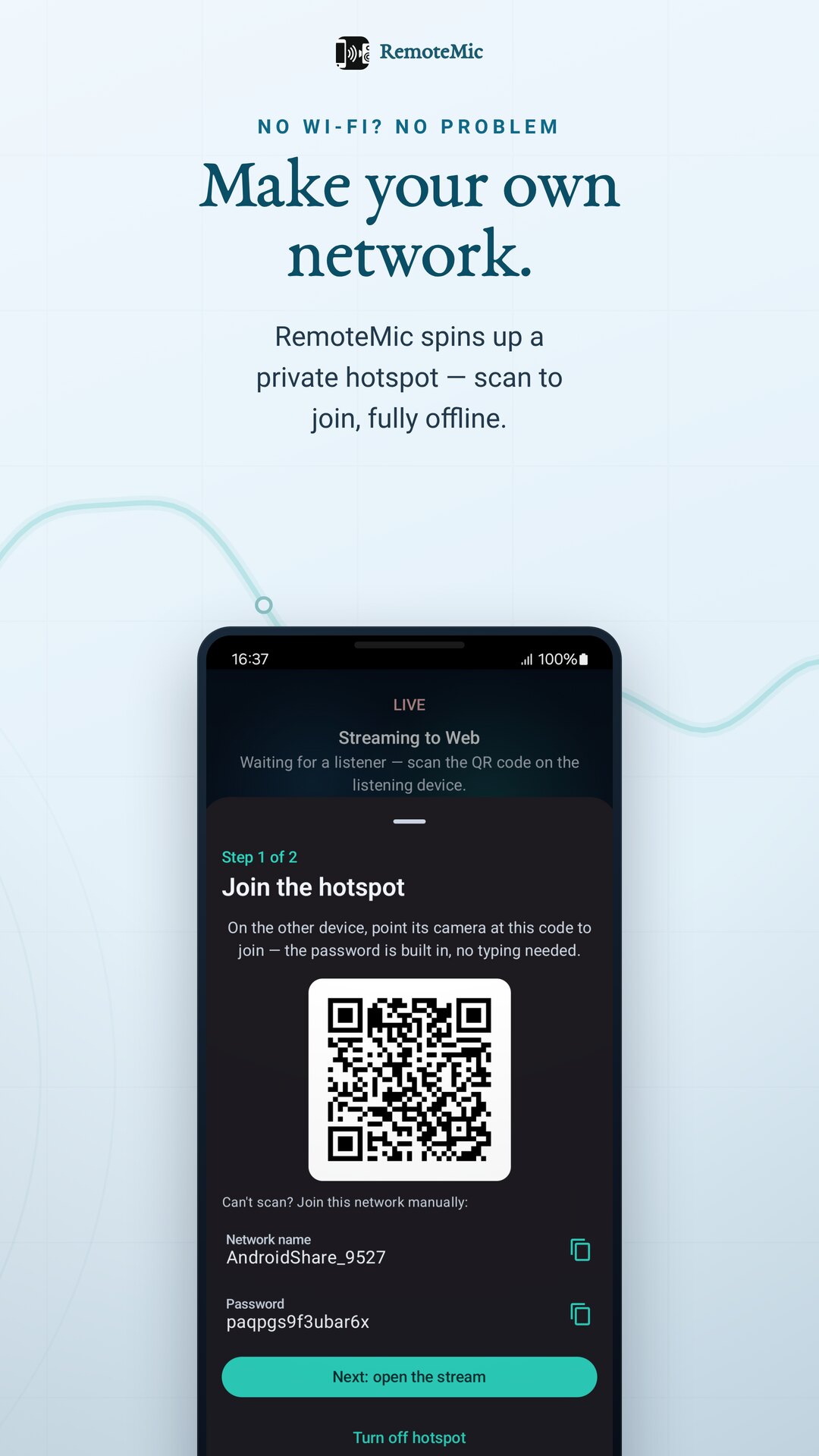 Create a private hotspot — scan the QR to join, no Wi-Fi needed