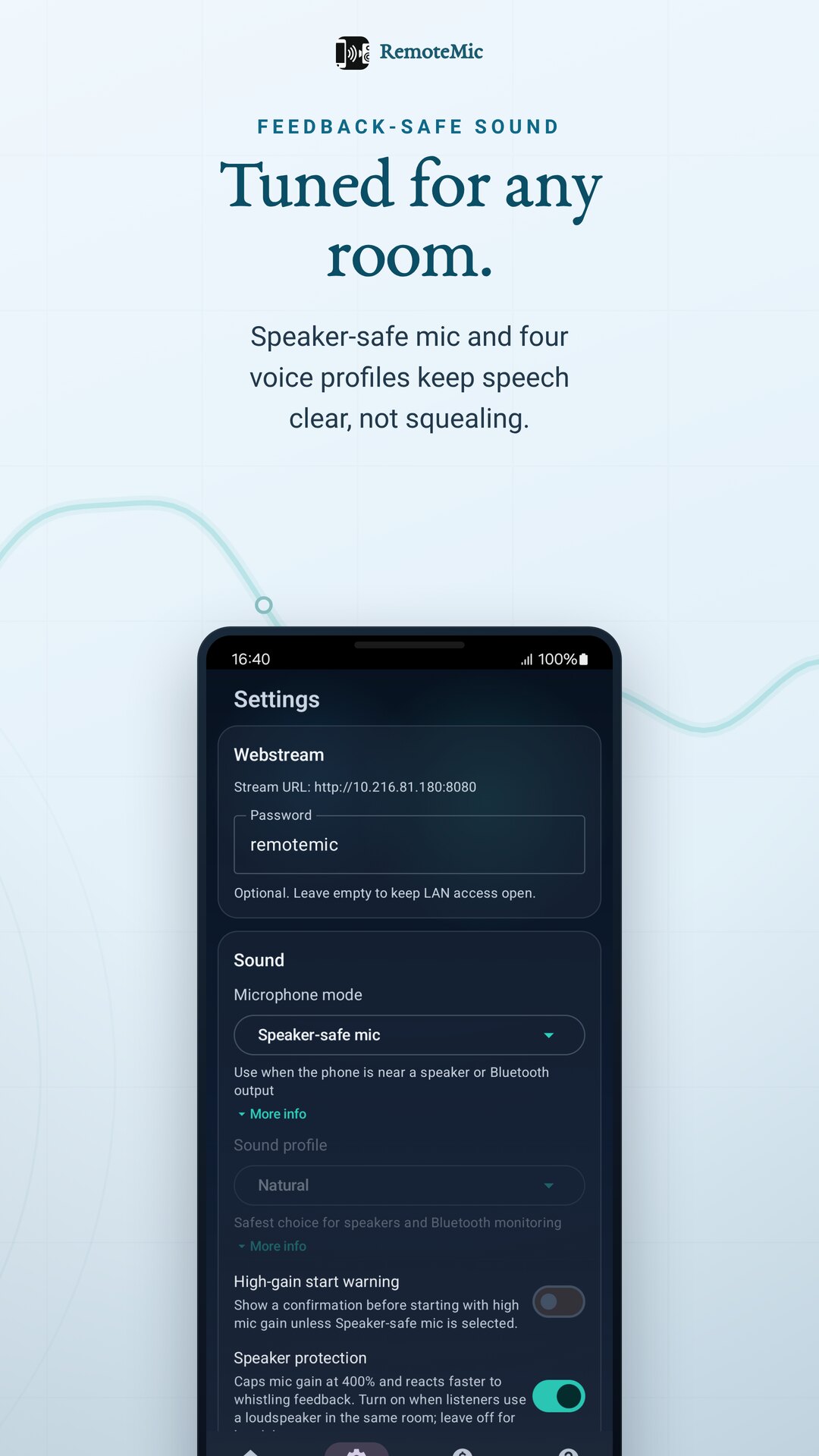 Speaker-safe mic and voice profiles tune the audio