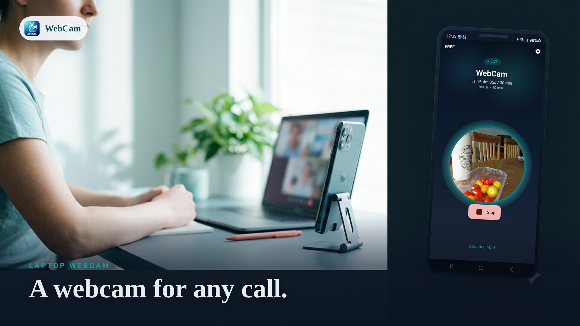 A phone used as a webcam for a laptop video call