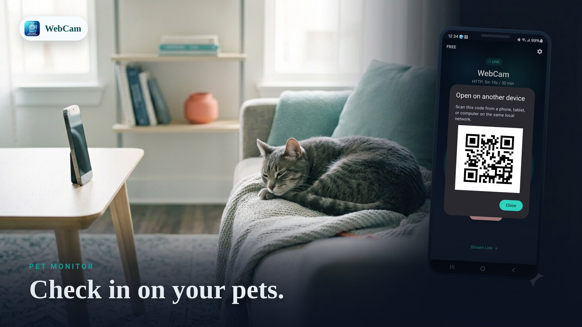 A phone keeping an eye on a pet over Wi-Fi