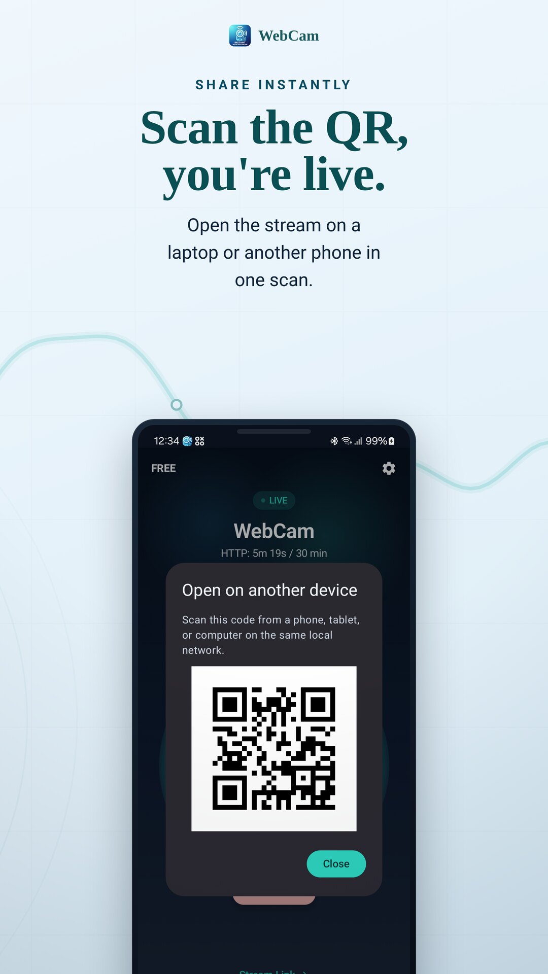 A QR code to open the stream on another device