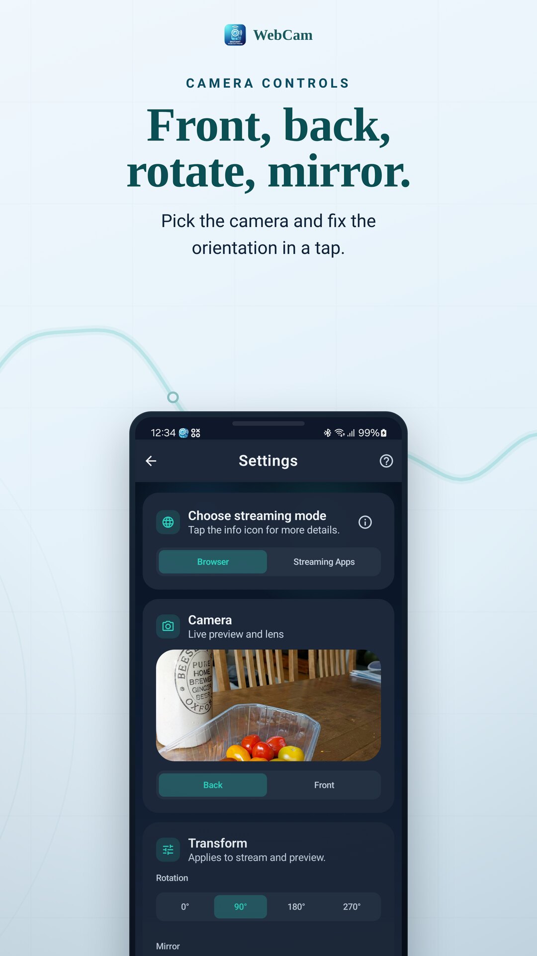 Switching camera and setting rotation and mirror